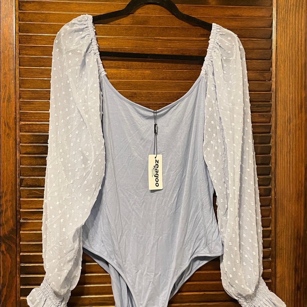 NWT Zeagoo Blue Swiss Dot Long Sleeve Bodysuit - Picture 4 of 7